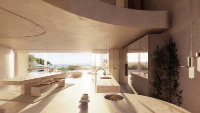 Brac, Postira, terrain avec projet - premier rang de la mer