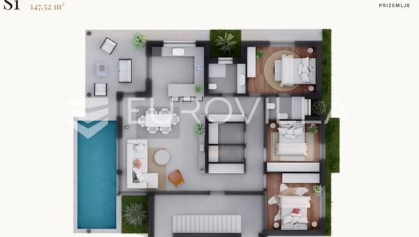 Vir - Földszinti apartman medencével és 3 hálószobával, mindössze 100 m-re a strandtól
