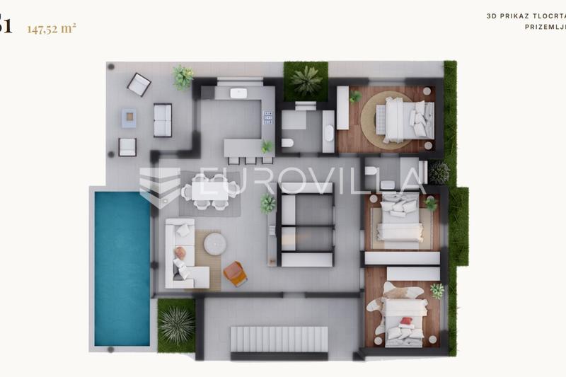 Vir - Földszinti apartman medencével és 3 hálószobával, mindössze 100 m-re a strandtól - 1