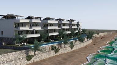 Ostrov Pag, pláž Perilo, dvoupokojový apartmán v luxusní novostavbě PRVNÍ ŘADA U MOŘE.