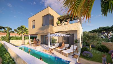 Sisan, modern villa med två lägenheter och pool, nära havet.