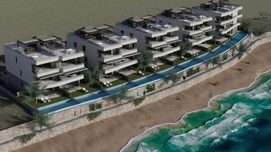 Ostrov Pag, pláž Perilo, dvoupokojový apartmán v luxusní novostavbě PRVNÍ ŘADA U MOŘE.