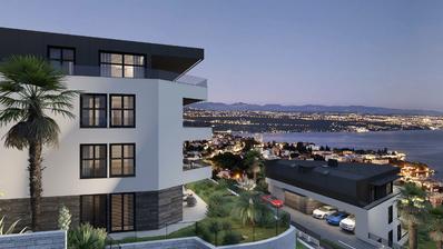 Opatija, Centrum, en treværelses lejlighed i en fremragende nybygning med havudsigt på 101 m2.