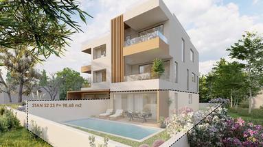 Zadar, Bibinje - espacioso apartamento en planta baja de dos habitaciones con amplio jardín y piscina a 80m del mar