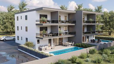 Istra, Novigrad, moderan stan 92 m² s velikom terasom 700 m od mora
