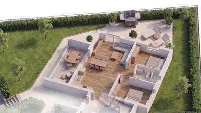 Rogoznica, modern két hálószobás apartman kerttel és tengerre néző kilátással